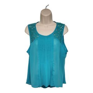 Nicole By Nicole Miller Pleated Lace Accent Teal Round Neck Sleeveless Top Large